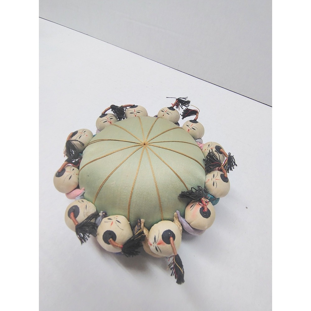 Vintage Chinese Silk Handmade Pincushion with Doll Faces Green Textile Art